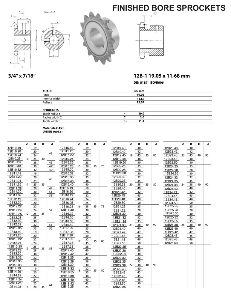 finished bore sprocket 12B ISO technical table