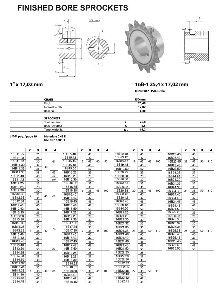 finished bore sprocket 16B ISO technical table