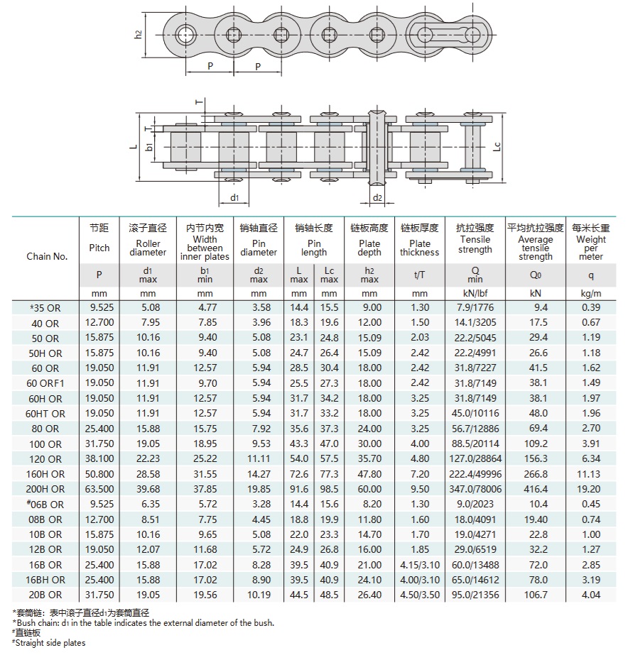 O-Ring roller chain technical table