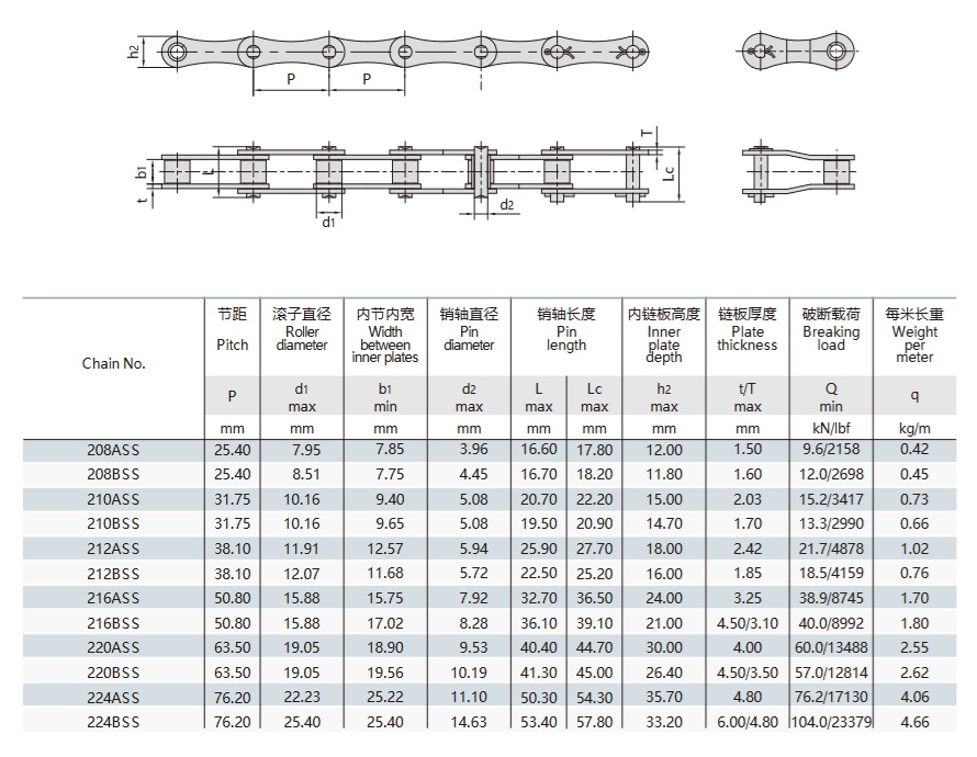 stainless steel double pitch roller chain technical table