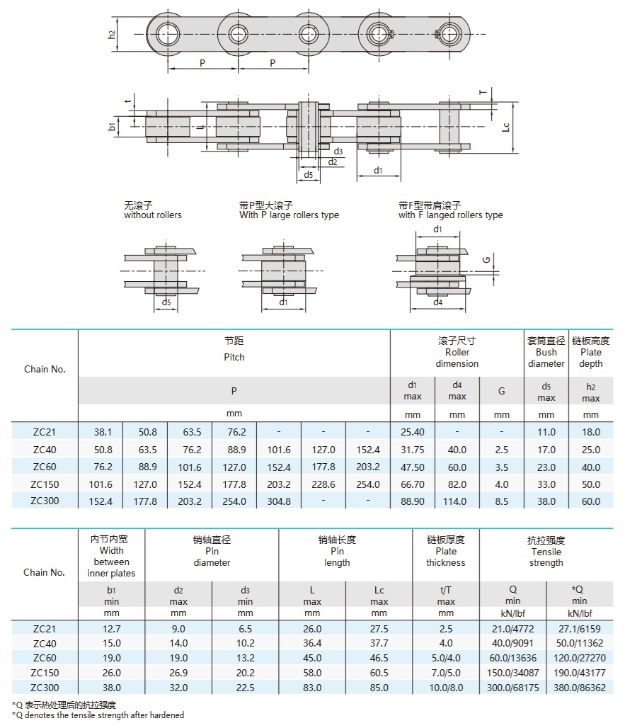 zc series hollow pin conveyor chain technical table
