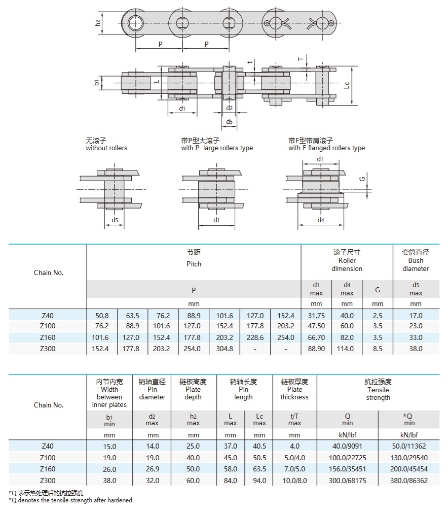 z series conveyor chain technical table